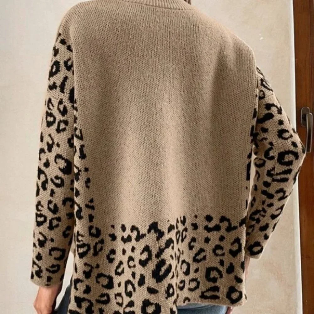 Leopard Mock Neck  knit Sweater top fall winter tan black